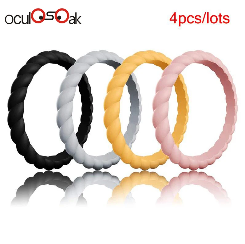 Hot Fashion 3mm Thin Braided Silicone Ring For Women Wedding Rings Sports Hypoallergenic Crossfit Flexible Rubber Finger Ring - Цвет основного камня: 4pcs-2