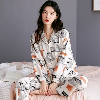 

Women Autumn Pajamas Set Love Print Sleepwear Cotton Long Sleeve Nightwear Girls Outer Wear Bathing Home Clothing