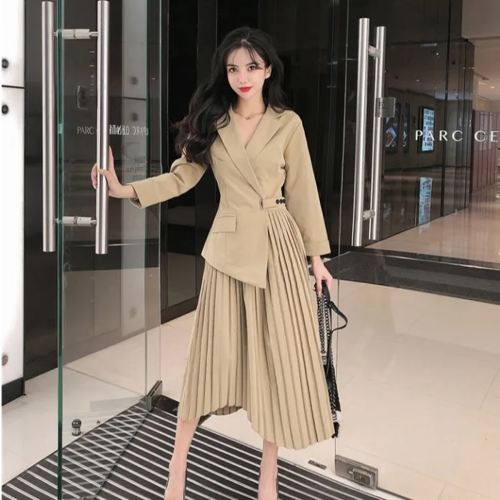 

French Retro Medium-length Skirt 2019 Early Autumn New Style Elegant Waist Hugging Slimming Long Sleeve over-the-Knee Pleated Dr