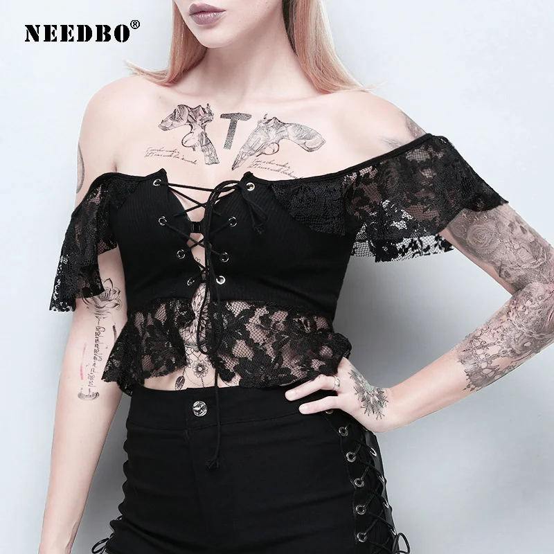 

NEEDBO женская футболка кружевная Повседневная футболка Женская 2020 повязка с открытыми плечами с вырезом лодочкой Женская сексуальная пляжная одежда Элегантный Топ для женщин