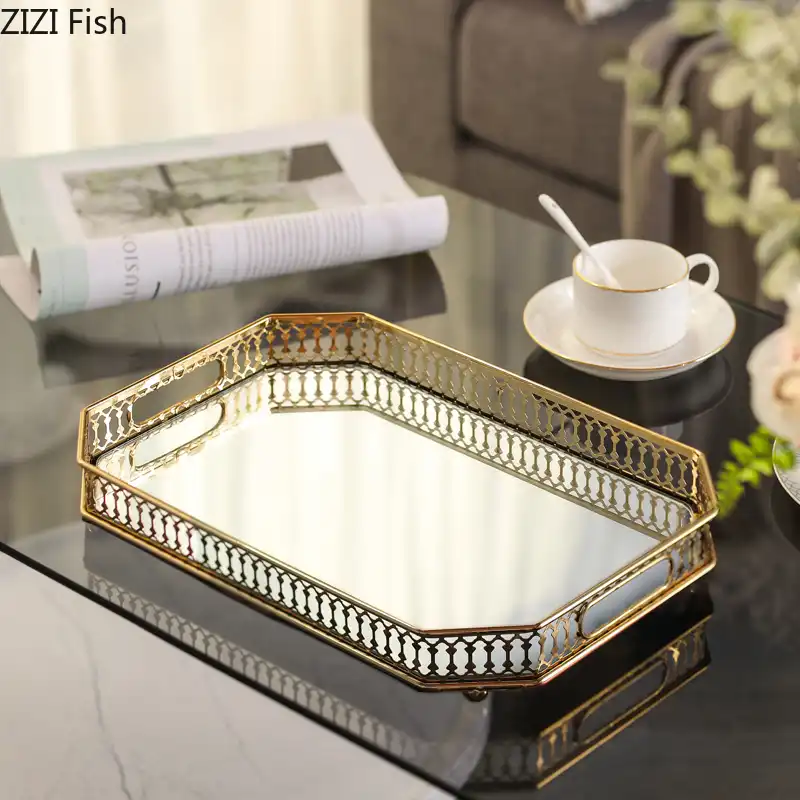 bandeja de espejo dorado para el bano bandejas decorativas rectangulares de aleacion para almacenamiento de joyeria plato de cafe platillo platos