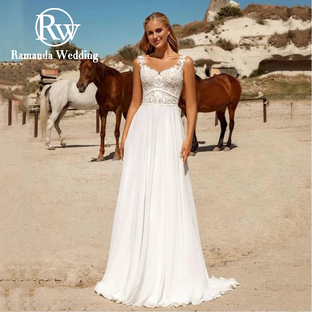 

Ramanda Beach Sleeveless Lace Appliques Wedding Dress Simple Chiffon A-Line Backless Bridal Gown Custom Made Vestido De Noiva