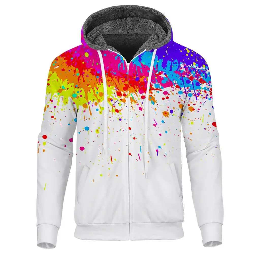 

Winter Thick Hoodies 3d Colorful Printing Men Zipper Hooded Coat Sweatshirt Jackets Long Sleeve Male Zipper Hoodies Custom