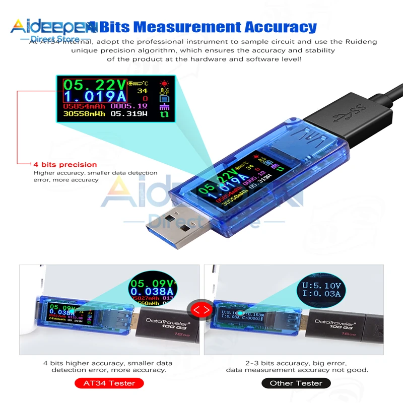 AT34 USB 3.0 컬러 LCD 디스플레이 전압계 전류계 전압 전류 미터 멀티 미터 배터리 충전 보조베터리