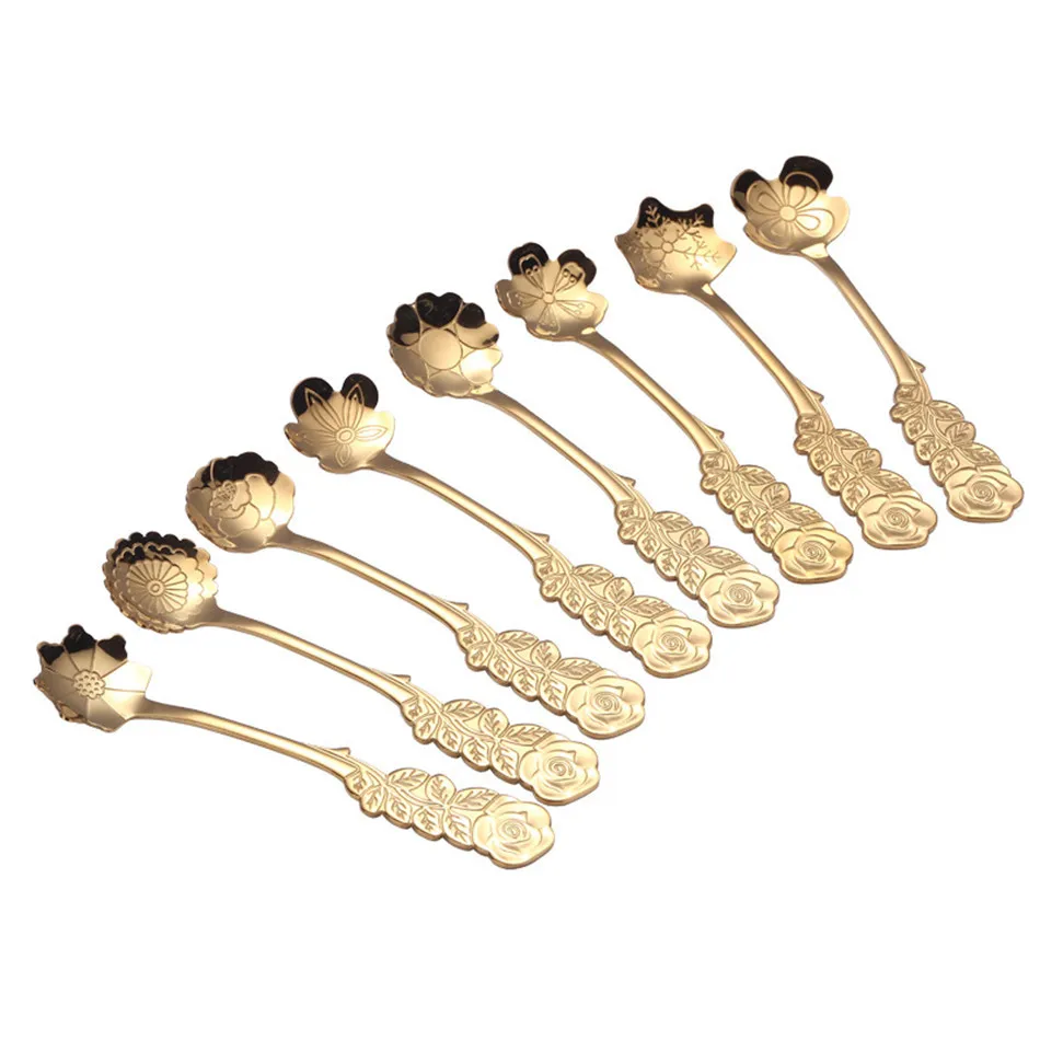 8PCS Stainless Steel Flower Spoons Tea Coffee Cream Fruit Dessert Spoon Rose Gold Flowers Teaspoon Tableware Wedding Decoration