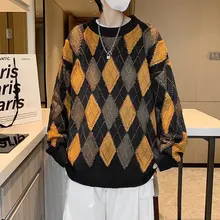 

Winter Contrast Color Diamond Lattice Thick Sweater Men's Knit Sweater Round Neck Pullover Clothes Loose Handsome Clothes