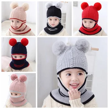

Winter Children Pompom Ball Hats Crochet Knitting Baby Girls Boys Thicken Warm Fleece Scarf Hats Protector Face Caps