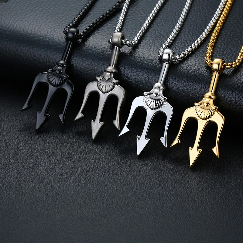 Stainless Steel Filled Poseidon Trident Necklace Neptune Pendant Greek