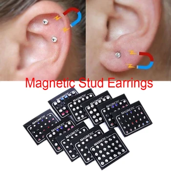 12/24Pcs/Set 3mm Crystal Round Ear Stud Unisex Stainless Steel Round Magnetic Non-Piercing Clip On Stud Earrings