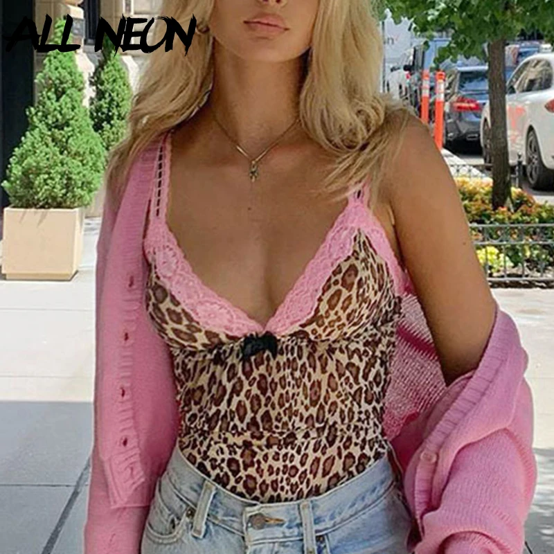 ALLNeon E girl Y2K Глубокий V образный вырез бант Леопардовый принт кружевная отделка