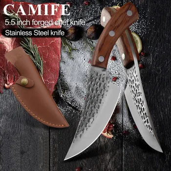 

CAMIFE Handmade Forged 5.5 inch Boning Camping Serbian Chef Knife Full Tang Kitchen Butcher Outdoor Knife Leather Sheath Cover