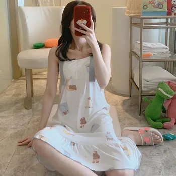 

Pajamas Female Summer Korean with Chest Pad Suspenders Nightdress Sexy Loose Girl Cute Summer Home Clothes Sleepwear Nightwear