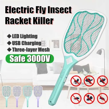 

USB Rechargeable Electric Fly Mosquito Swatter Mosquito Killer Protect Human Bug Zapper Handheld Racket Insects Killer With LED