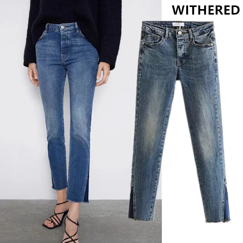 Увядшие джинсы в английском стиле с высокой талией, женские джинсы с высокой талией, рваные джинсы для женщин, обтягивающие джинсы-карандаш для женщин
