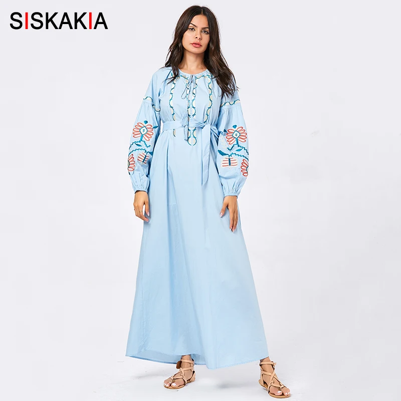 Siskakia Макси платье с длинным рукавом цвета хаки Геометрическая Цветочная вышивка размера плюс платья для женщин осень кисточка шнурок