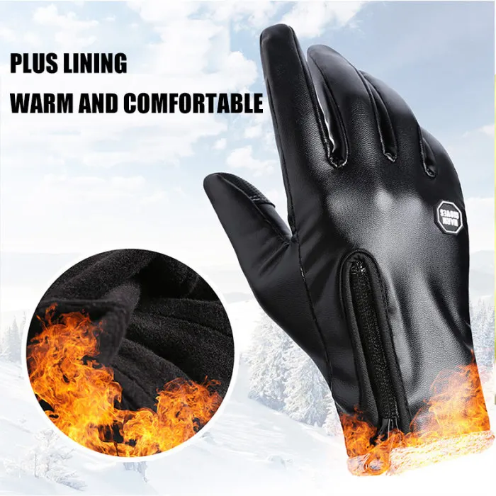 Зимние перчатки с сенсорным экраном из искусственной кожи на молнии, водонепроницаемые перчатки с плюшевой подкладкой для унисекс, для езды на велосипеде SER88