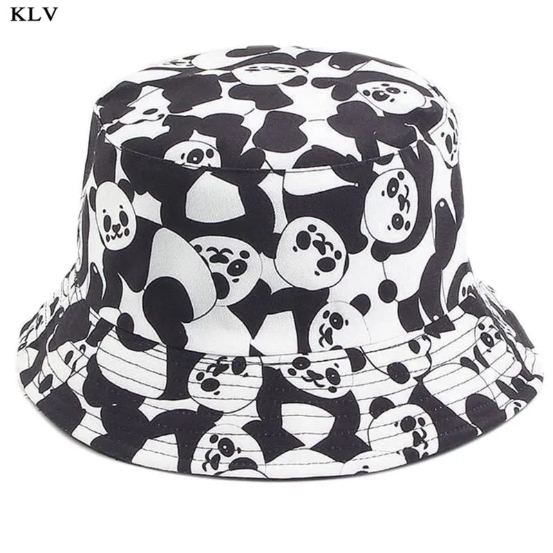 Unisex Summer Cotton Bucket Hat Black White Panda Animal Print Reversible Outdoor Sunscreen Hip Hop Panama Fisherman Cap