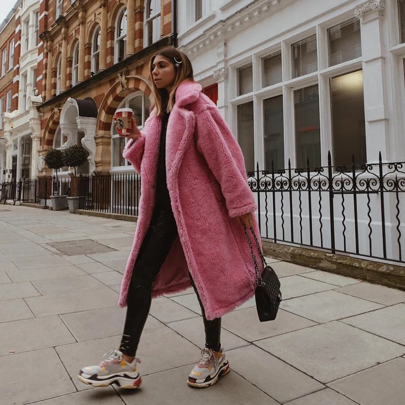Winter Teddy Bear Oversized Long Coat Pink Faux Lambswool Fur Coats JKP5865