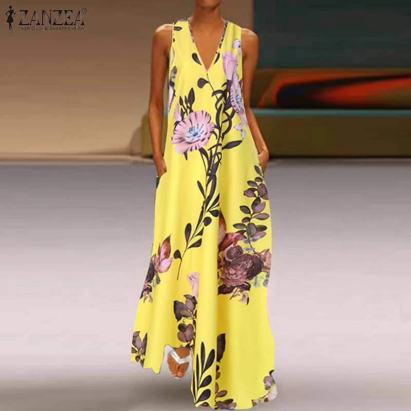 ZANZEA 2019 Fashion Summer Sundress Women Long Maxi Vestidos Floral Printed Bohemian Dress Ladies Casual Pockets Long Tunic Robe