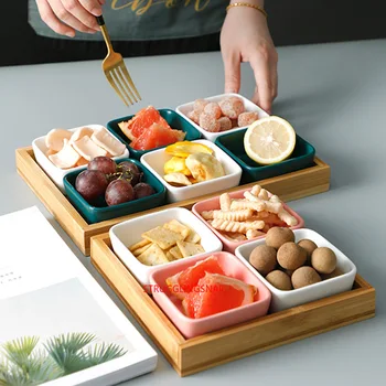 

Creative Ceramic Grid Fruit Plate Snack Plate Serving Platter Japanese Small Dish with Tray Home Desktop Dried Fruit Snack Tray