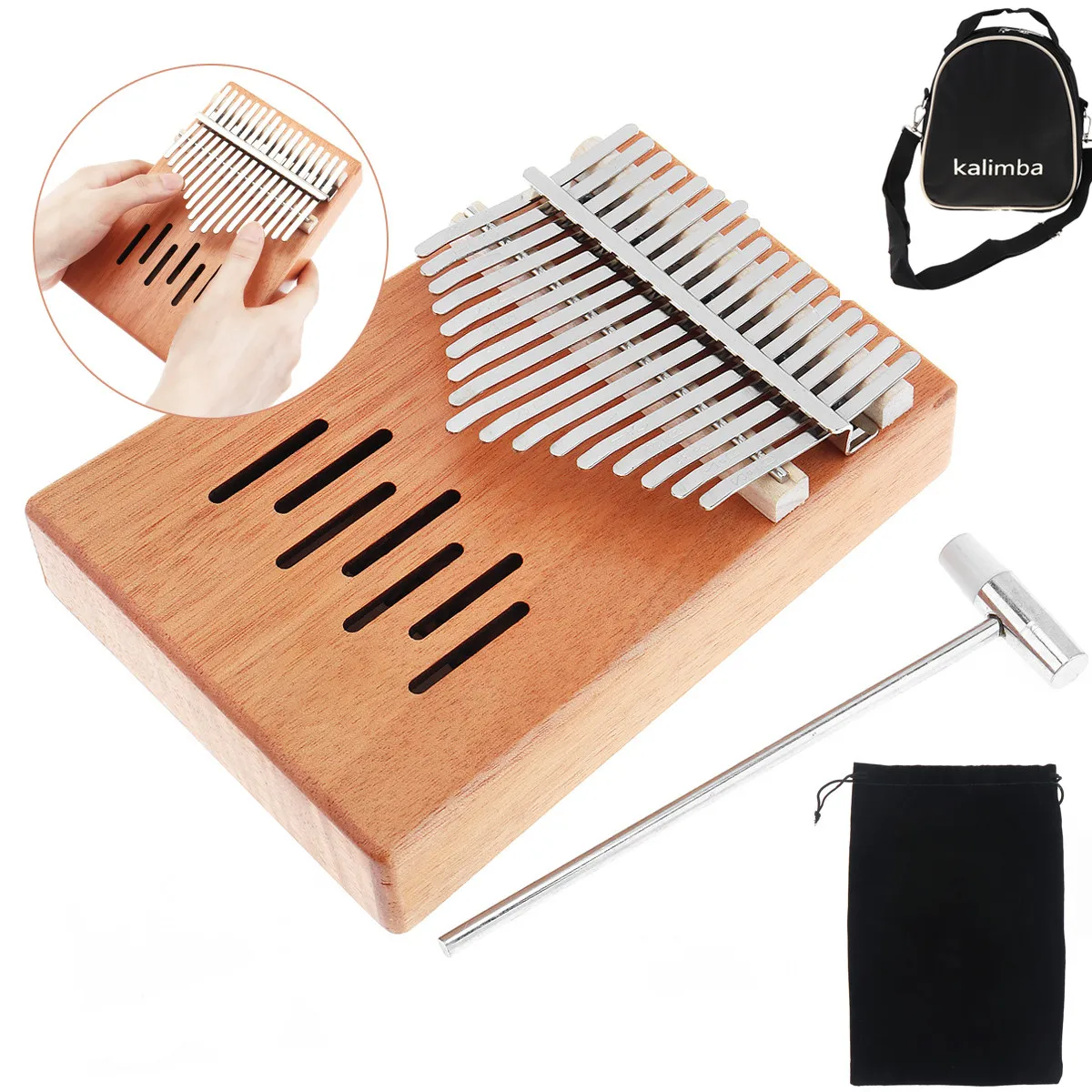 

17 Key Kalimba Single Board Mahogany Waterfall Sound Hole Mbira Mini Keyboard Instrument with Bag