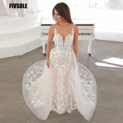 Fivsole Mermaid Wedding Dresses With Detachable Train 2022 V-Neck Bridal Gown Backless Custom Made Vestido De Fiesta De Boda