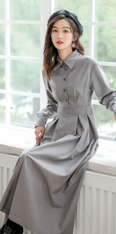 LANMREM новая весенняя и летняя модная женская одежда серого цвета с отложным воротником однобортное винтажное платье WK18602L