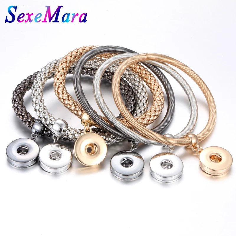 

2018 New Gold Silver Snap Bracelet for Women Fit DIY 18mm Snap Jewelry Elastic Snap Button Bracelet Buttons Snaps Jewelry