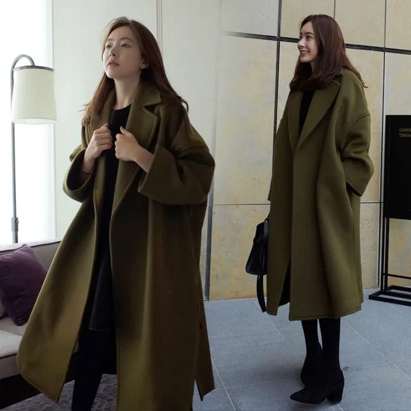 

2019 Autumn and Winter new womens long woolen coat green army woolen coat female long section Korean version of the fashion coat