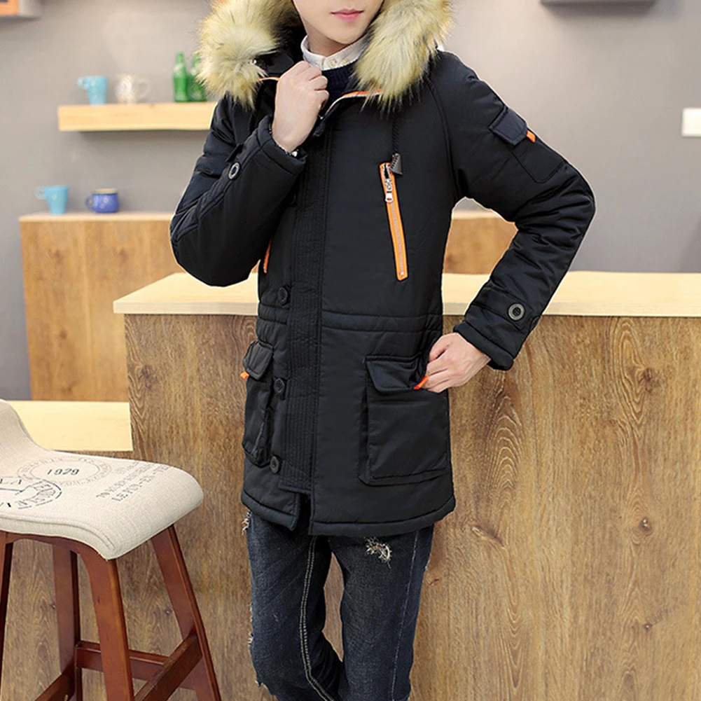 ropa hombre de marca Winter Men Color Block Plush Long Sleeve Hooded Midi Coat Quilted Jacket пальто мужское зимнее