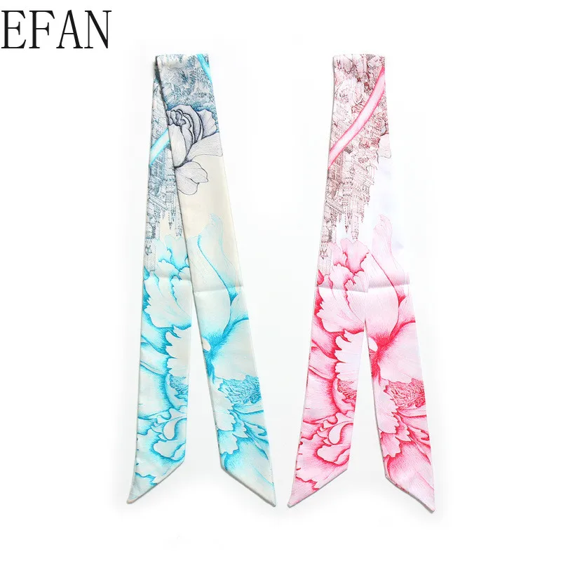 

Women Silk Scarf Cherry Skinny Scarf Print Peony Flower Patterns Small Handle Bag Ribbons Female Head Scarves Wraps for Ladies