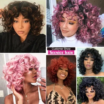 Short Hair Afro Curly Wig With Bangs For Black Women Synthetic Fluffy Ombre Glueless Cosplay Wigs