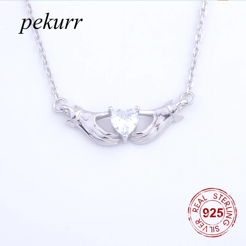 Pekurr 925 пробы серебро 2 руки держать большой драгоценный камень подвески для ожерелья в форме сердца для женщин ювелирные украшения романтические подарки