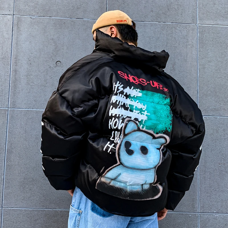 Мужская куртка в стиле хип-хоп, парка, рисунок медведя, граффити, уличная одежда, мужская ветровка, Harajuku, зимняя стеганая куртка, пальто, теплая верхняя одежда