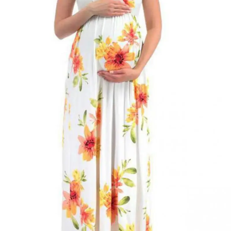 Summer V-neck Maternity Flower Print Short-sleeved Dress Long Pregnant Women Dress For Photo Shoot Gown Abiti Premaman Vestido