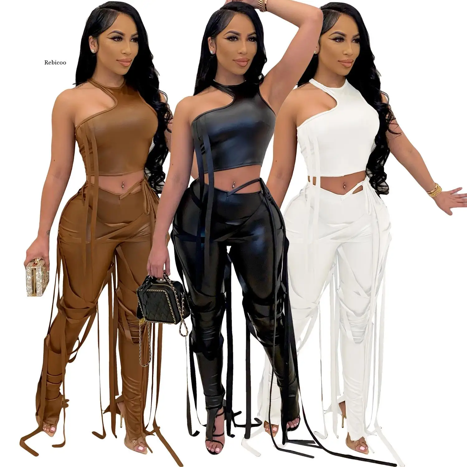 

Faux Leather Sweatsuit Women's Set Drawstring Lace Up Slit Leggings Suit Street Tracksuit Two Piece Set Fitness Outfit