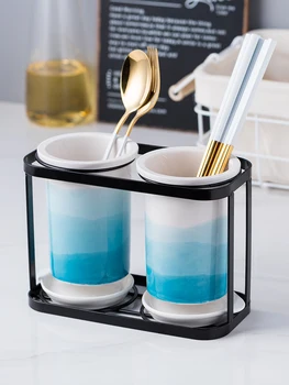 

Gradient Ceramic Drainchopsticks Chopsticks Table Hanging Dual-use with Tray Household Cutlery Box Kitchen Storage Europeanstyle