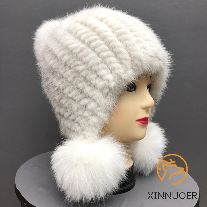 Dames Nertsen Gebreid Winter Natuurlijk Met Vossenbont Bal Mode Warm Casual Zakelijk Outdoor Prinses Hoed_voghion.com