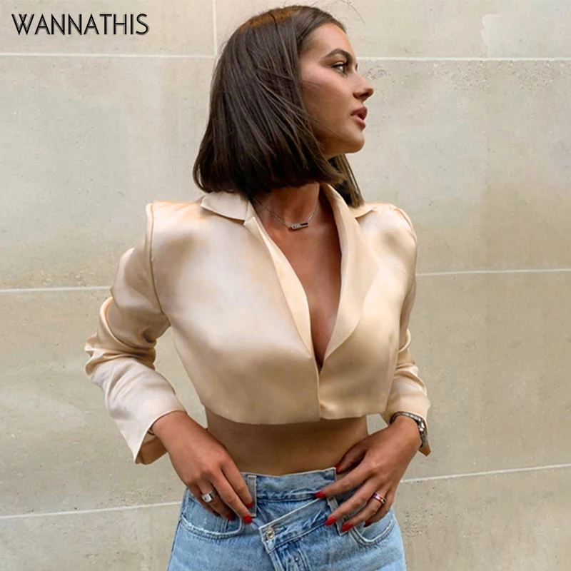 

WannaThis Elegant Blouse Women Satin V-Neck Shirt Long Sleeve Fashion Sexy Autumn 2019 Crop Top Modern Silk Slim Blouse Apricot
