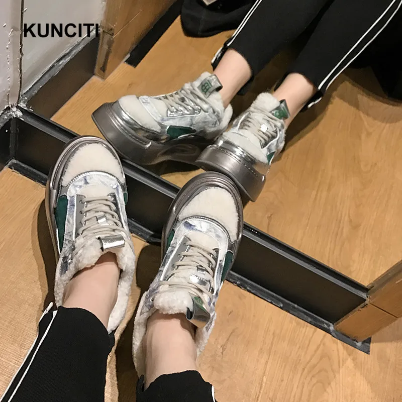 KUNCITI/Женская обувь на платформе, визуально увеличивающая рост; женские кроссовки; повседневная обувь на высоком каблуке; зимняя обувь на плоской подошве; женские роскошные кроссовки на толстой подошве; Новинка