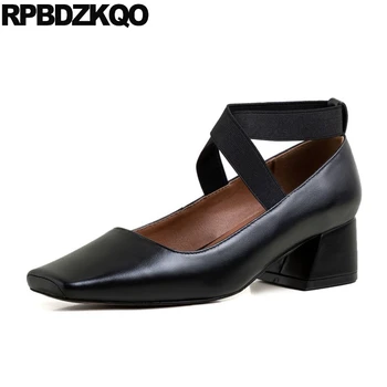 

thick pumps medium heels genuine leather size 4 34 square toe beige slip on chunky fashion shoes 2019 luxury women black casual