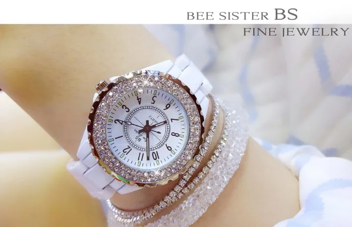 Роскошные керамические часы женские браслет часы с кристаллами Дата часы Женское платье алмазные Женские кварцевые часы на запястье часы reloj mujer