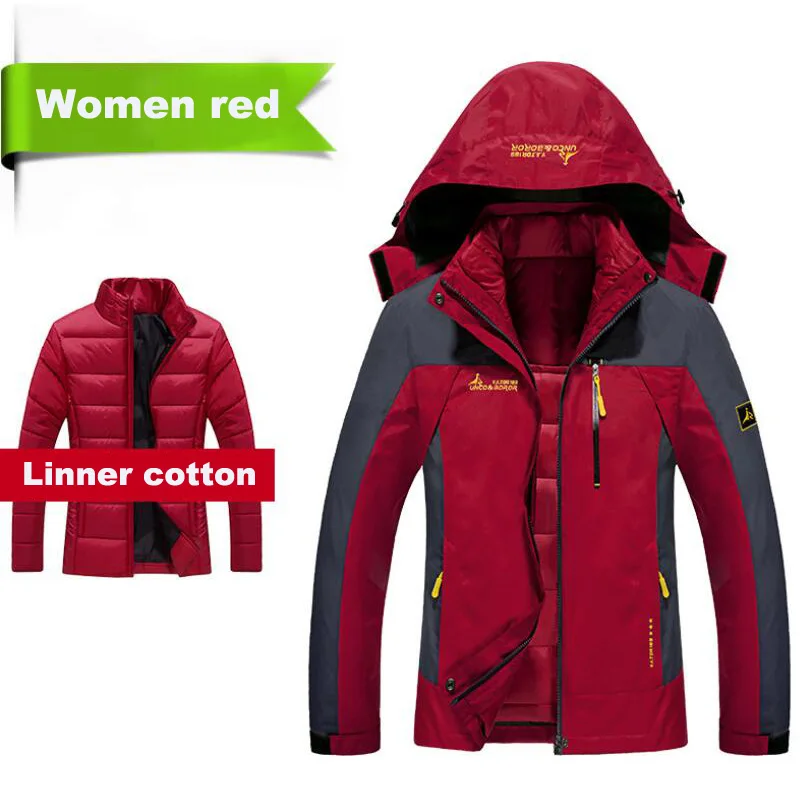 Зимний пуховик для мужчин, уличная утолщенная теплая ветрозащитная водонепроницаемая верхняя одежда, военная ветровка 2в1, куртки размера плюс 6XL, Pakra - Цвет: Women red