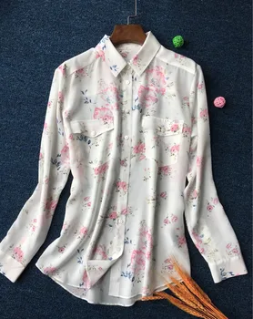 

100% Silk blusas Plus Size Fresh Printed Long Sleeve Front Double Pockets Casual Women Blouse and Tops