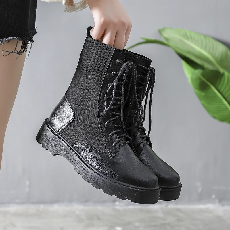 

2019 Winter New Women Boots Black Microfiber Lace Up Ankle Sock Boots Female Platform Short Sock Boots Wedges Shoes Mujer