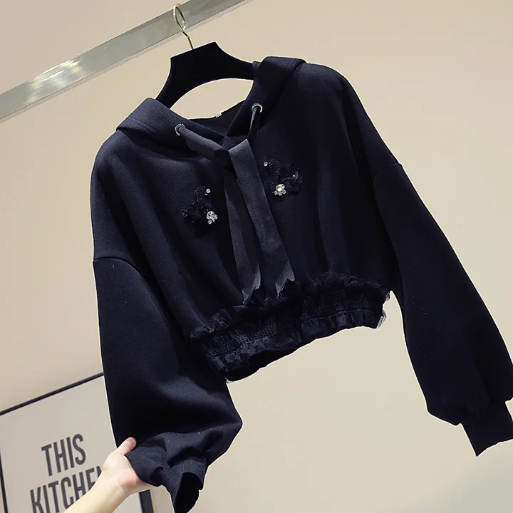 

Diamond Swan Hooded Hoodie Women Ins Hat Pullovers 2019 Autumn New Korean Loose Short Lace Long Sleeve Jacket Sweatshirt