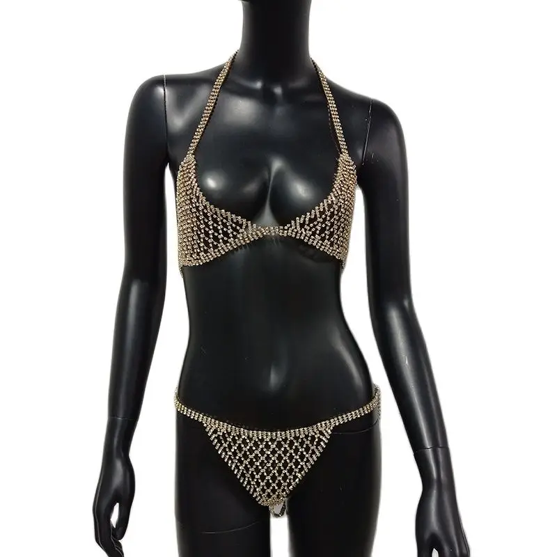FestivalQueen luxury hollow out diamond bra set women sexy halter chain  transparent wire free unlined underwear rhinestone bra