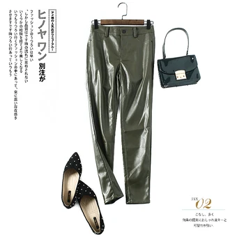 

Fashion brand water wash green color PU leather pants female punk hip bag pencil style ankle length pu leather trousers F927