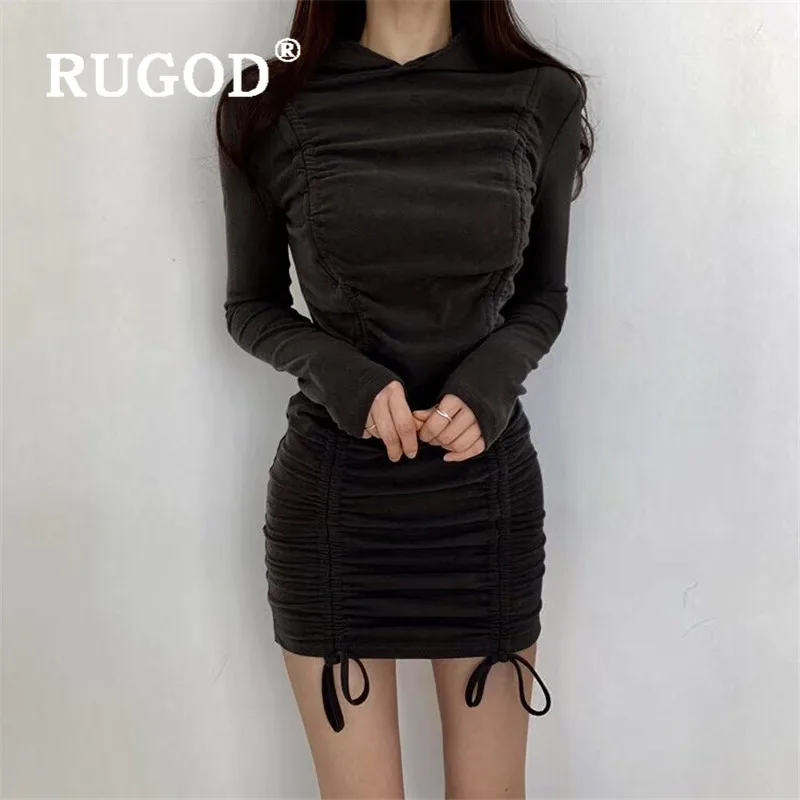 RUGOD, весеннее облегающее платье с капюшоном, женские мини платья, женские вечерние сексуальные Клубные топы, облегающие, корейский стиль, на завязках