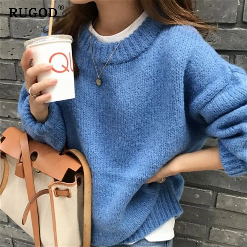 RUGOD Korean oversized sweater Fashion ins solid round neck long sleeve knitted pullovers Vintage mutil color auturm winter coat | Женская